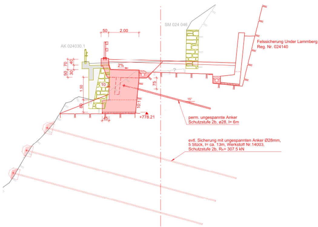 K36 Querschnitt im Bereich Lammschlucht mit Rippenkonstruktion und Futtermauer (gelb = Abbruch / rot = Neubau)