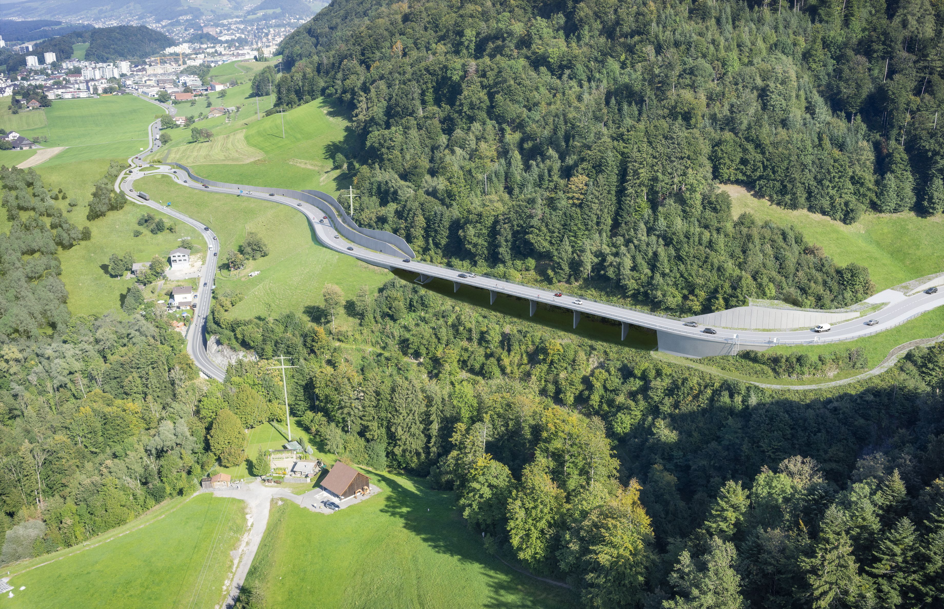 Visualisierung des Projektabschnitts Rängglochkurve bis Kreisel Horüti mit Lehnenbrücke Ränggloch (Visualisierung Swiss Interactive AG, Aarau)