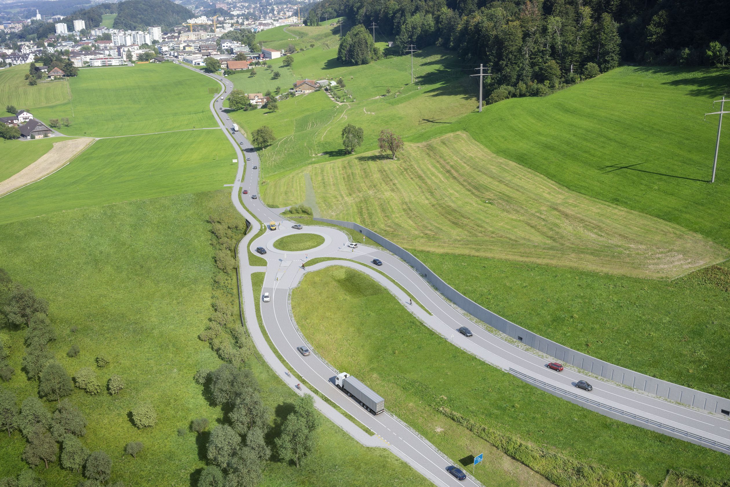 Visualisierung Kreisel Horüti mit Anschlussprojekt Richtung Littau (Visualisierung Swiss Interactive AG, Aarau)